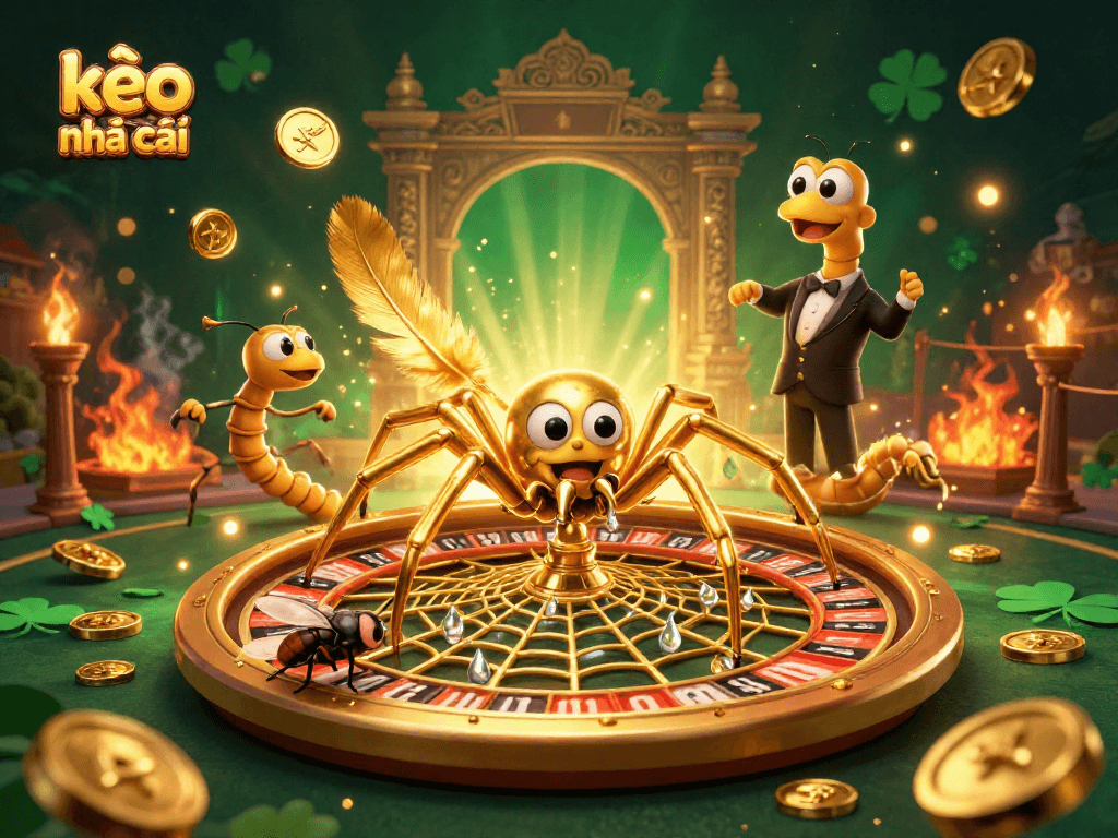 Engage with kèo nhà cái excitement as a golden spider spins a roulette web in a captivating dynamic scene.