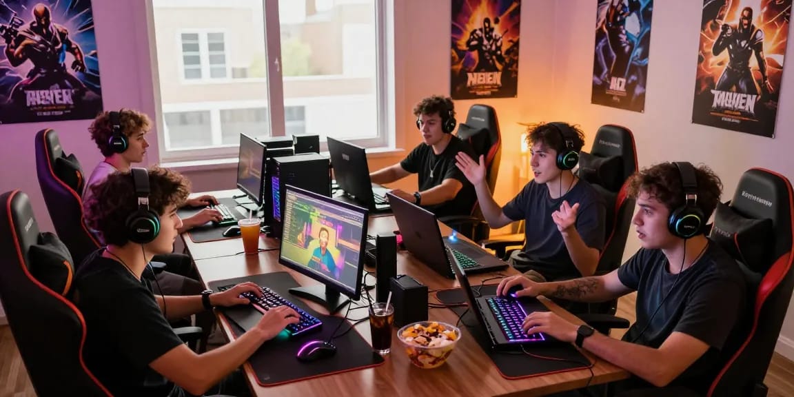 Group of friends immersed in an exciting online gaming session, showcasing lucky77 game strategies and teamwork.