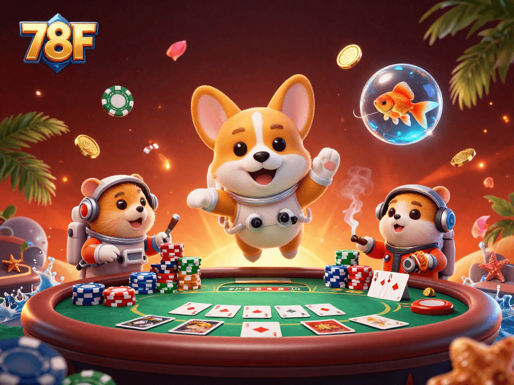 Jogue com 78F em um cassino espacial repleto de diversão e ação, com corgi astronauta e mesa de poker.