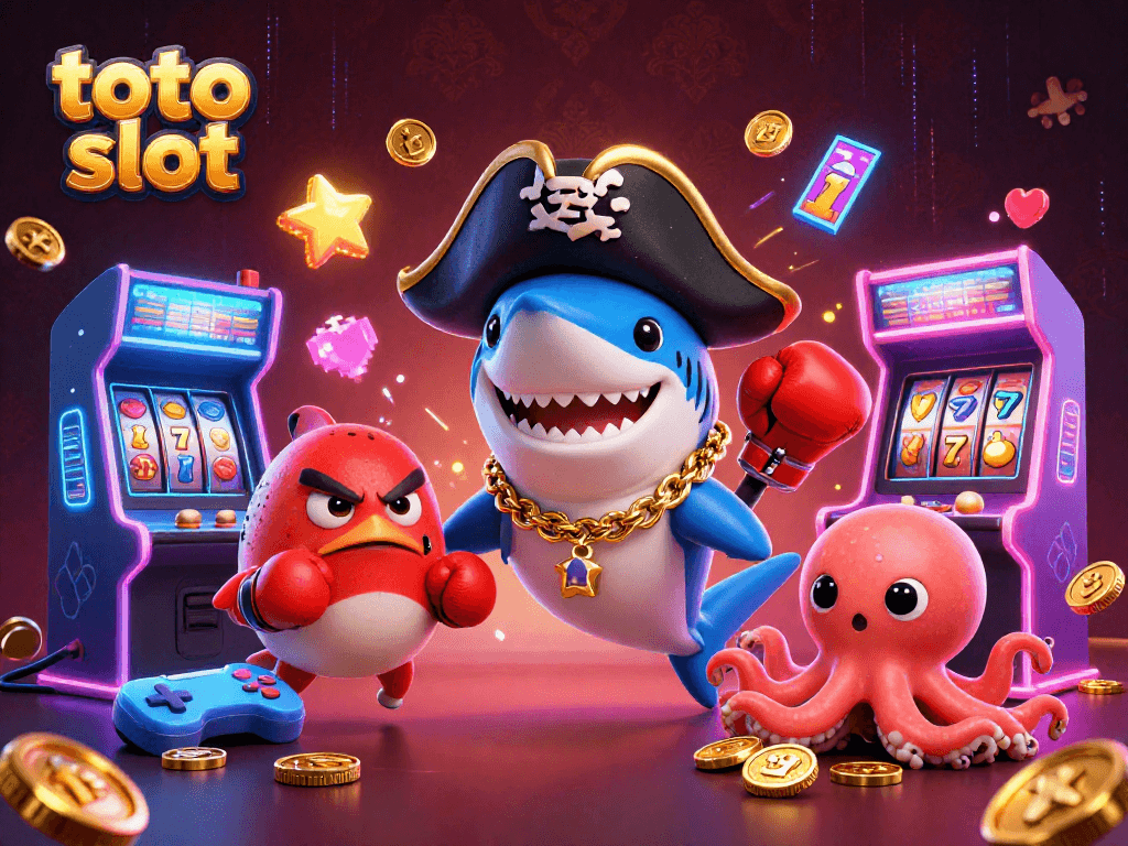 Gambarkan keseruan bermain toto slot di kasino digital dengan karakter lucu dan elemen permainan menarik.