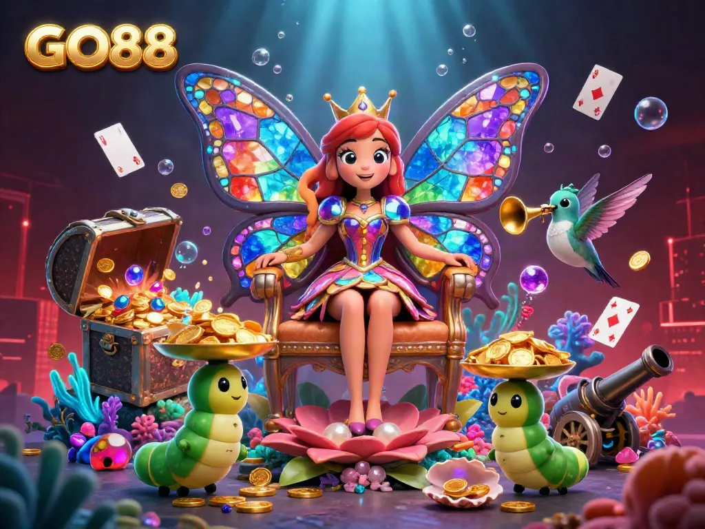 Engage and win with the vibrant GO88 butterfly queen as she commands treasures and games in an intricately designed 3D casino scene.