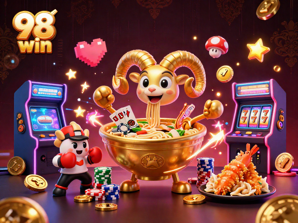 Engage with vibrant 98 win casino action featuring a playful ramen bowl, captivating winnings, and lively characters.