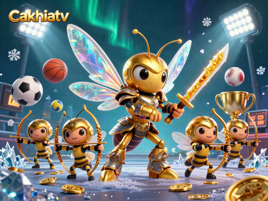 Cakhiatv showcases a dynamic scene with a golden hornet samurai amid vibrant sports elements and glowing casino features.