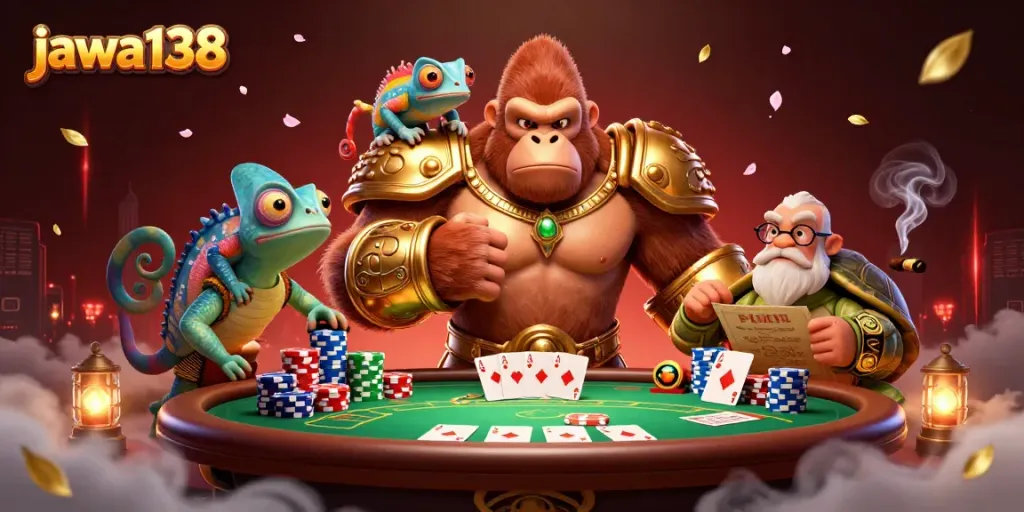 Experience excitement with jawa138 in this vibrant illustration featuring a powerful gorilla and casino elements.