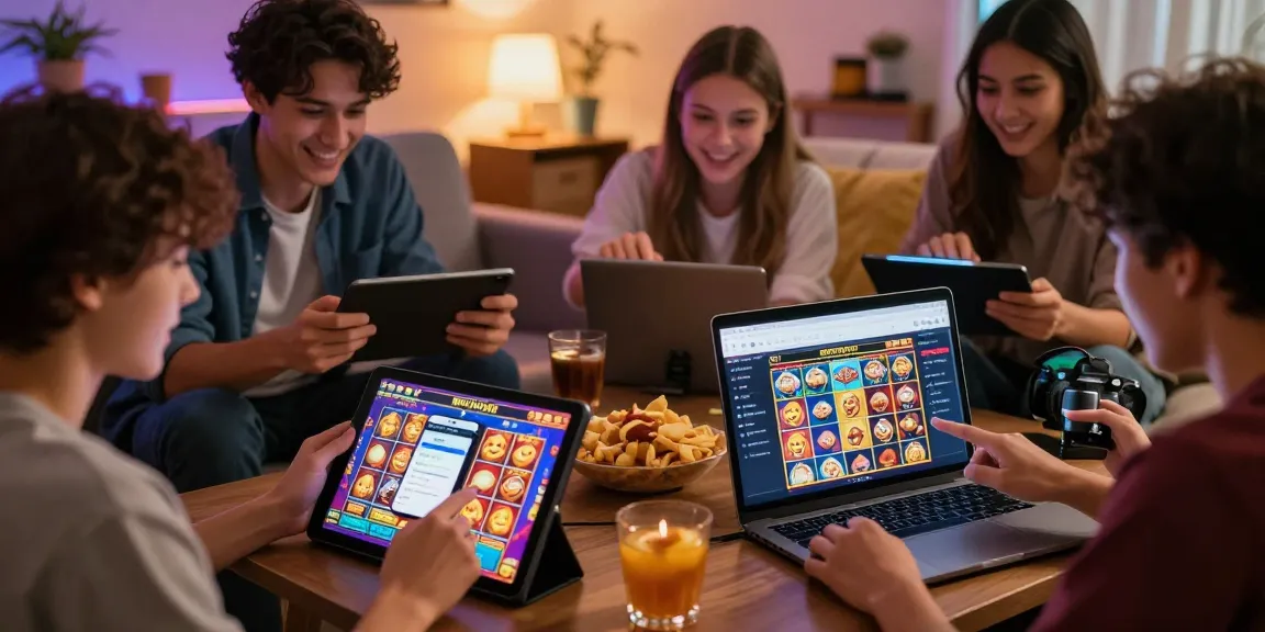 Gathered friends enjoying online slot games on devices, featuring BINTANGJUDI and seamless QRIS deposits.