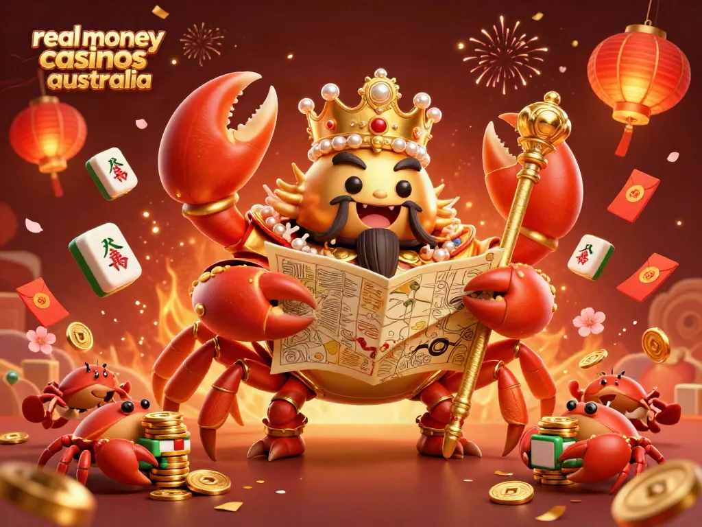 Experience the excitement of real money casinos australia with a vibrant 3D illustration featuring a golden crab emperor and rich casino elements.