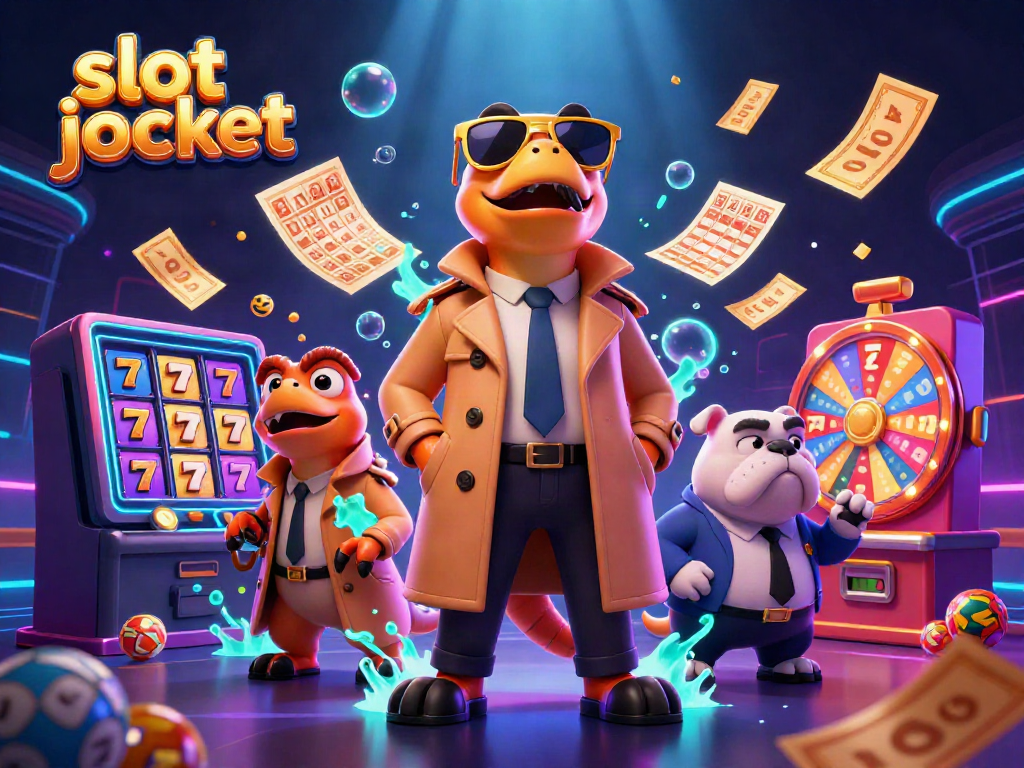 Experience thrilling slot jackpots in a lively casino scene with entertaining characters.