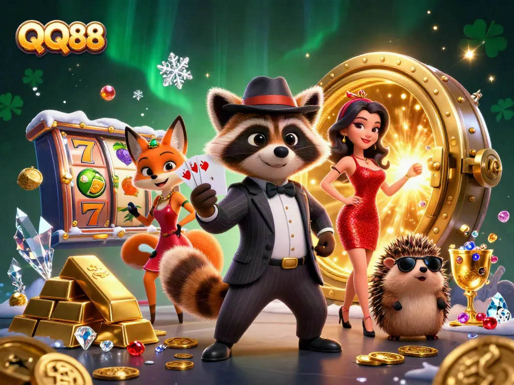 Engage with QQ88's thrilling slots adventure featuring a raccoon, fox, and hedgehog.