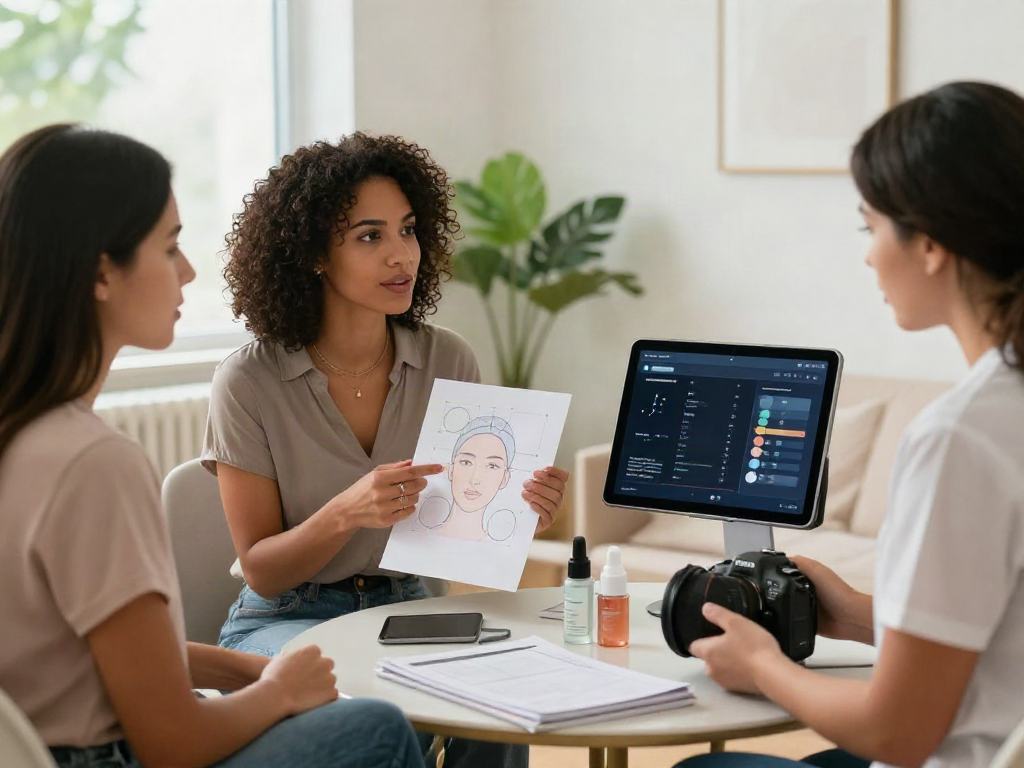 Women discussing alternatives to QOVES in a bright beauty consultation room.