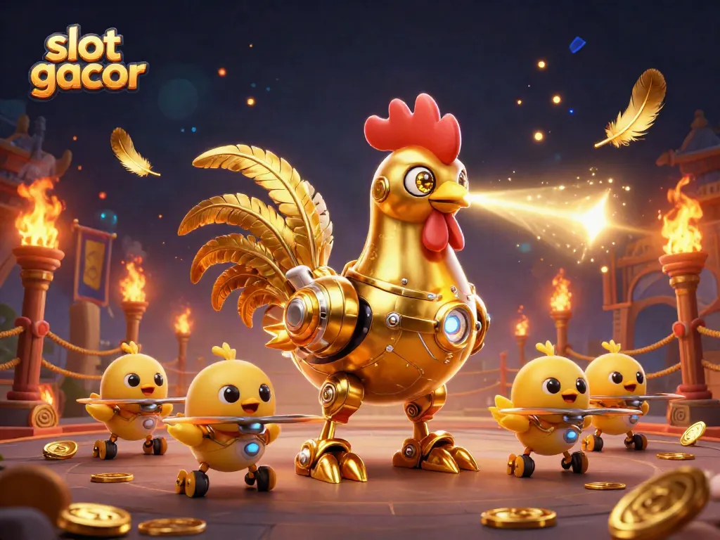 Slot gacor dengan robot ayam emas futuristik dan drone anak ayam dalam arena pertarungan.