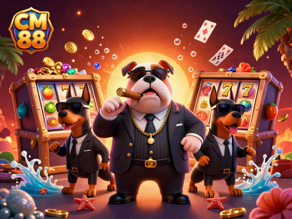 Bet on big wins with CM 88 in a vibrant casino scene featuring slot symbols and treasure.