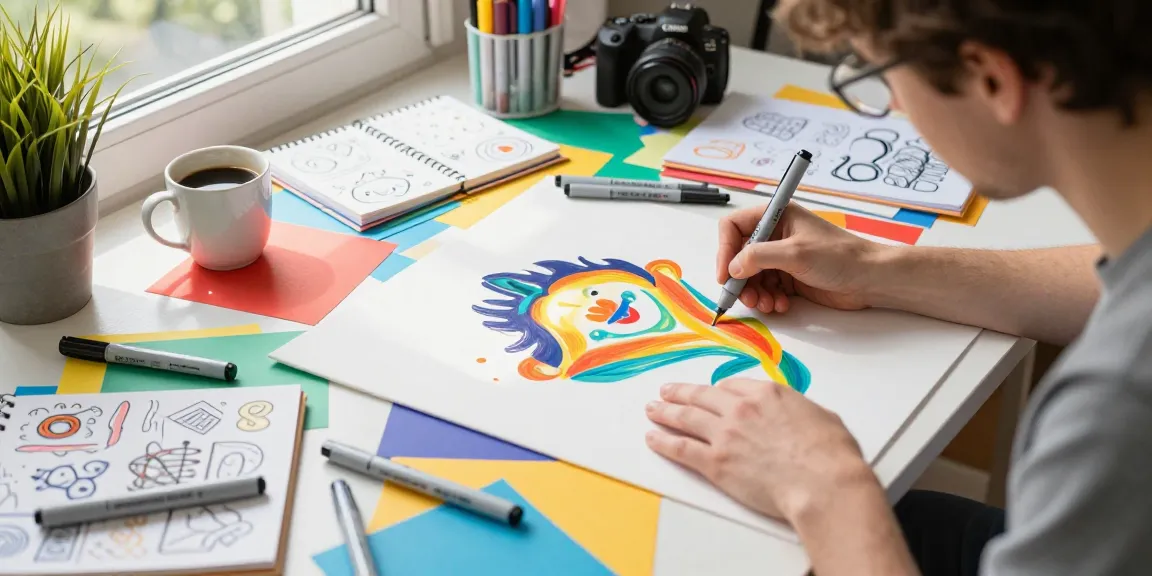 Marker pen supplier showcasing vibrant workspace with artist painting and various markers.
