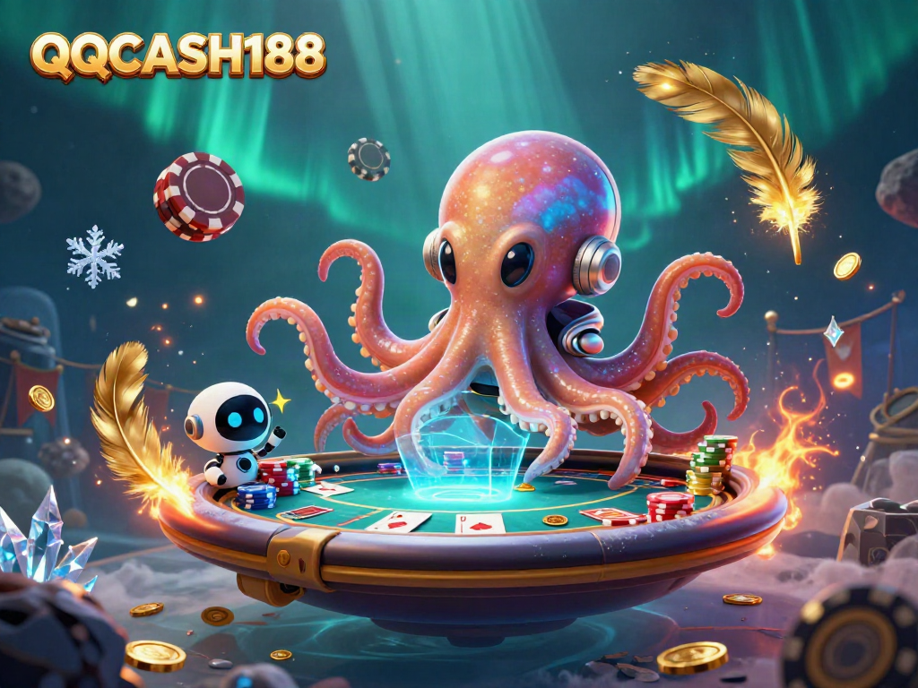 Experience the thrilling world of QQCASH188 with a vibrant 3D scene featuring alien poker action.