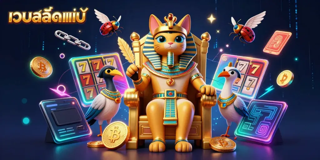 Engage with เว็บสล็อตแท้ featuring an Egyptian pharaoh cat amidst slot reels and glowing cryptocurrency coins.