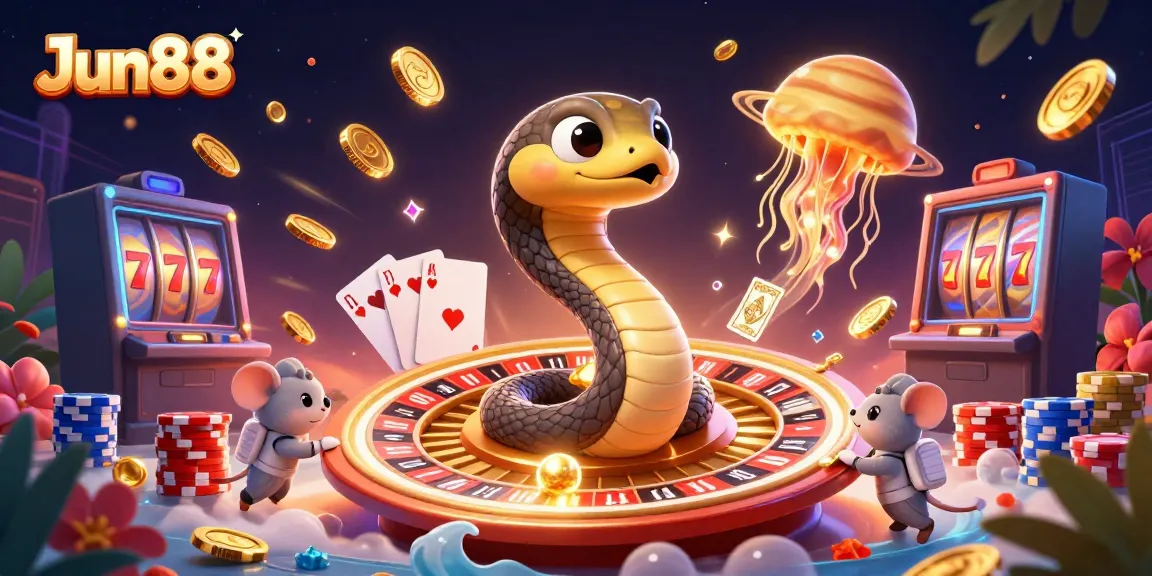 Experience Jun88's thrilling gaming adventures with a playful cosmic casino scene filled with action and excitement.