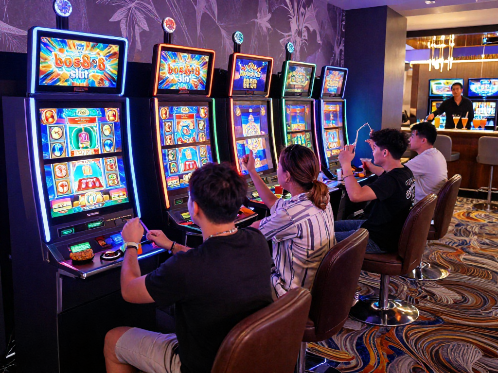 Pengalaman bermain bos88 slot di kasino online dengan berbagai pemain, lampu LED cerah, dan suasana penuh energi.