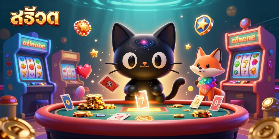 Engage with สล็อต mega wins as a cosmic black hole cat draws in golden chips and slot reels.