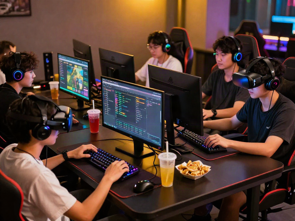 Khung cảnh trò chơi trực tuyến với những người chơi đang tham gia thử thách trong một không gian hiện đại, sử dụng thiết bị RGB và đồ uống năng lượng.