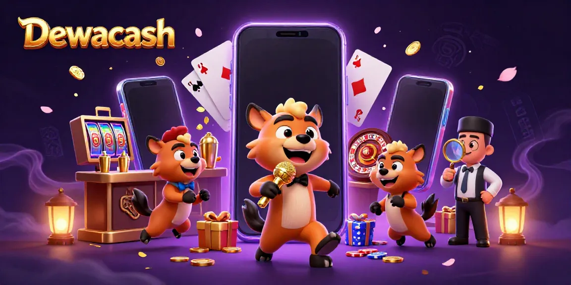 Dewacash casino scene showcases hyenas in a comedy club with vibrant games and sparkling elements.