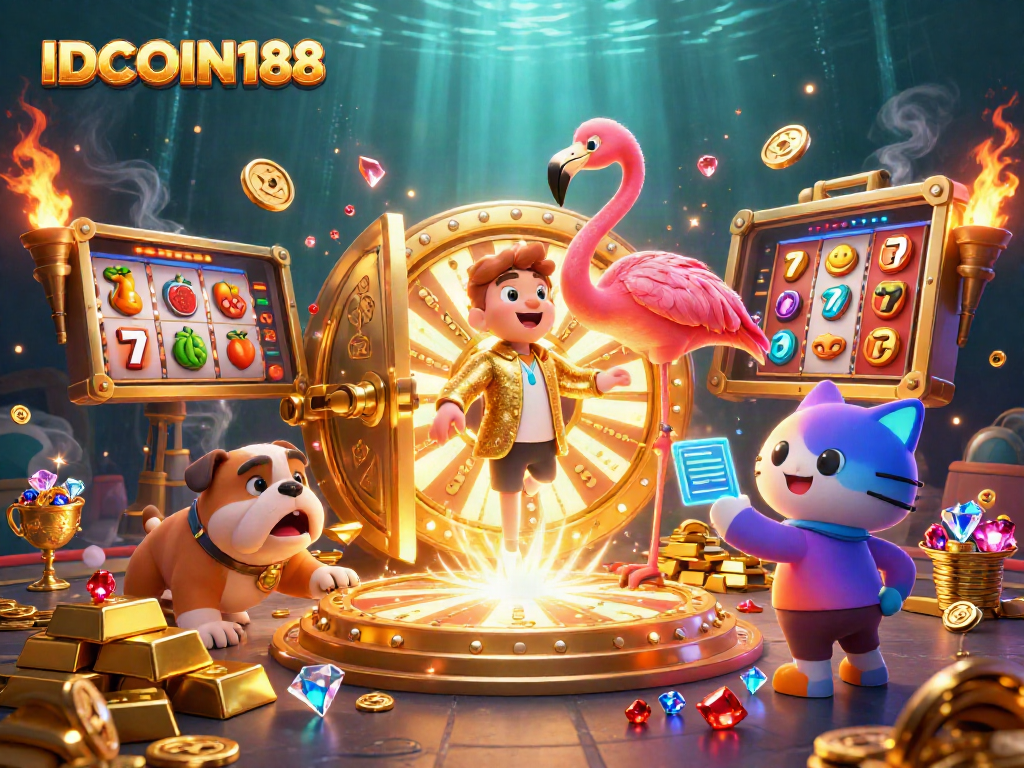 IDCOIN188 players celebrating big wins at an exciting game show with golden prizes and slot elements.