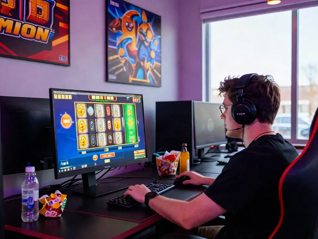 Player enjoying a thrilling slot game on a high-resolution monitor in a modern gaming setup.