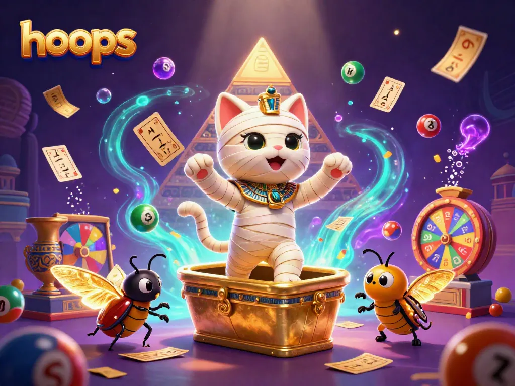 Experience thrilling hoops action with a vibrant Egyptian casino scene featuring a mummy cat.