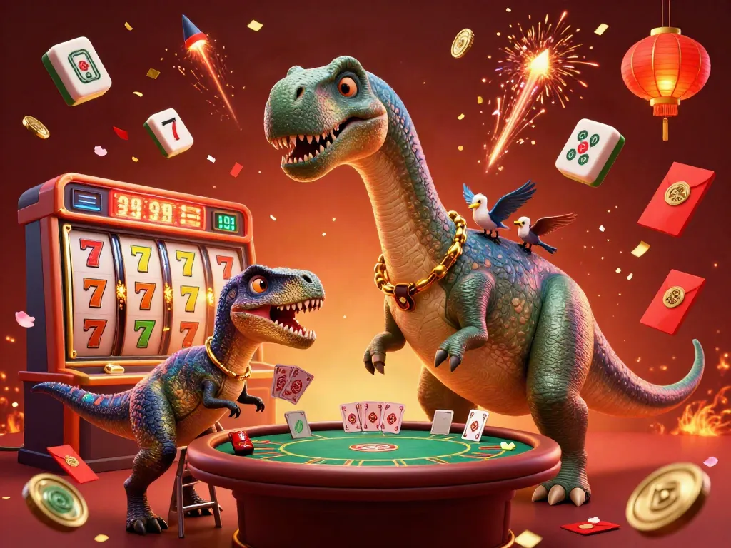 Experience excitement with bro138 as a giant brontosaurus overlooks a lively casino scene.