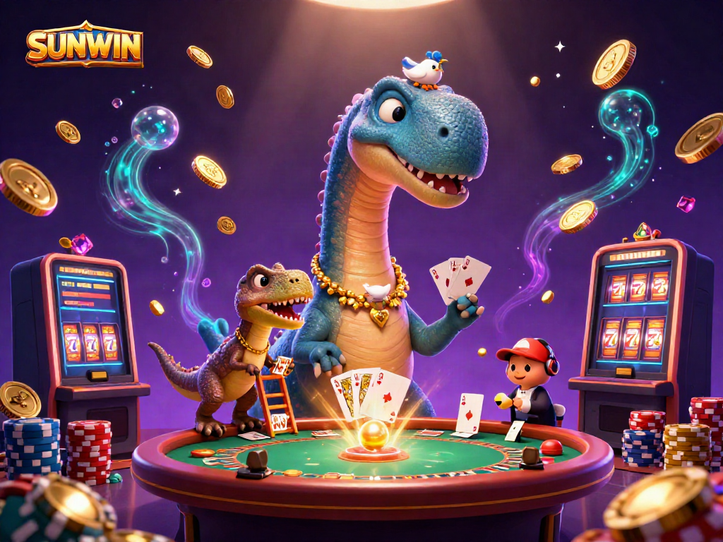 Experience SUNWIN's exciting games with a playful dinosaur dealer and sparkling casino action.