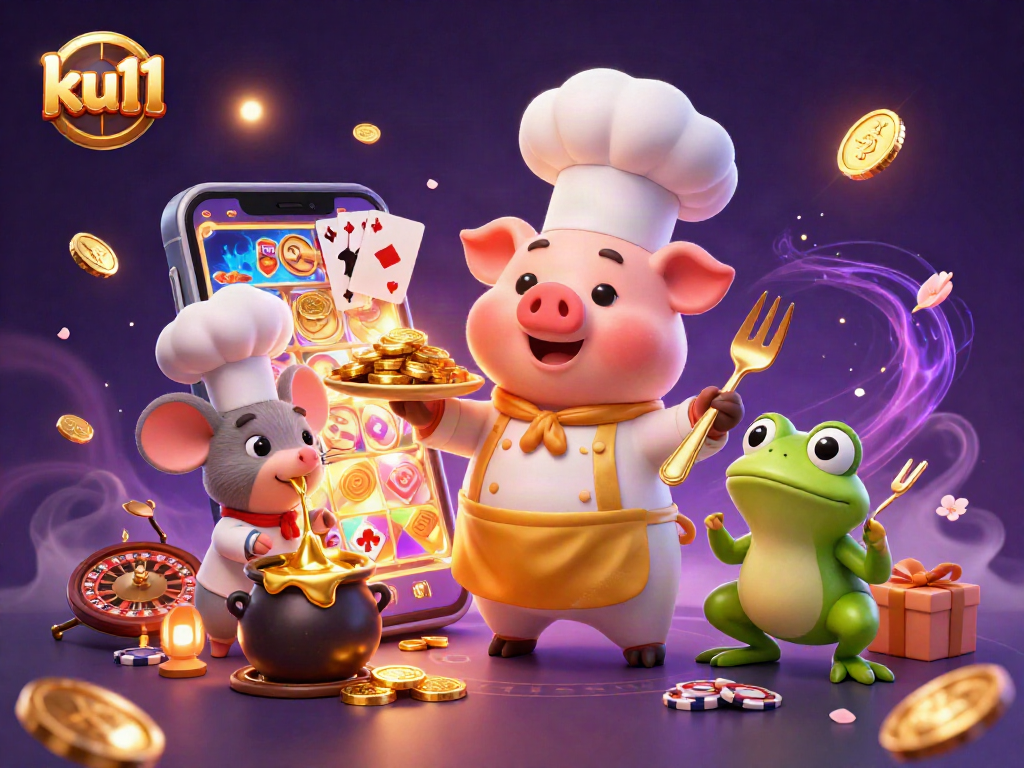 ku11 showcases a vibrant scene with a chef pig serving gold coins amidst lively casino games.