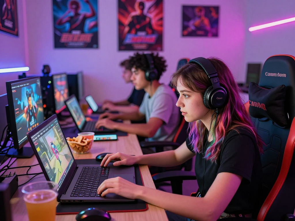 Engaged players enjoying a porn game on various devices in a vibrant gaming setting.