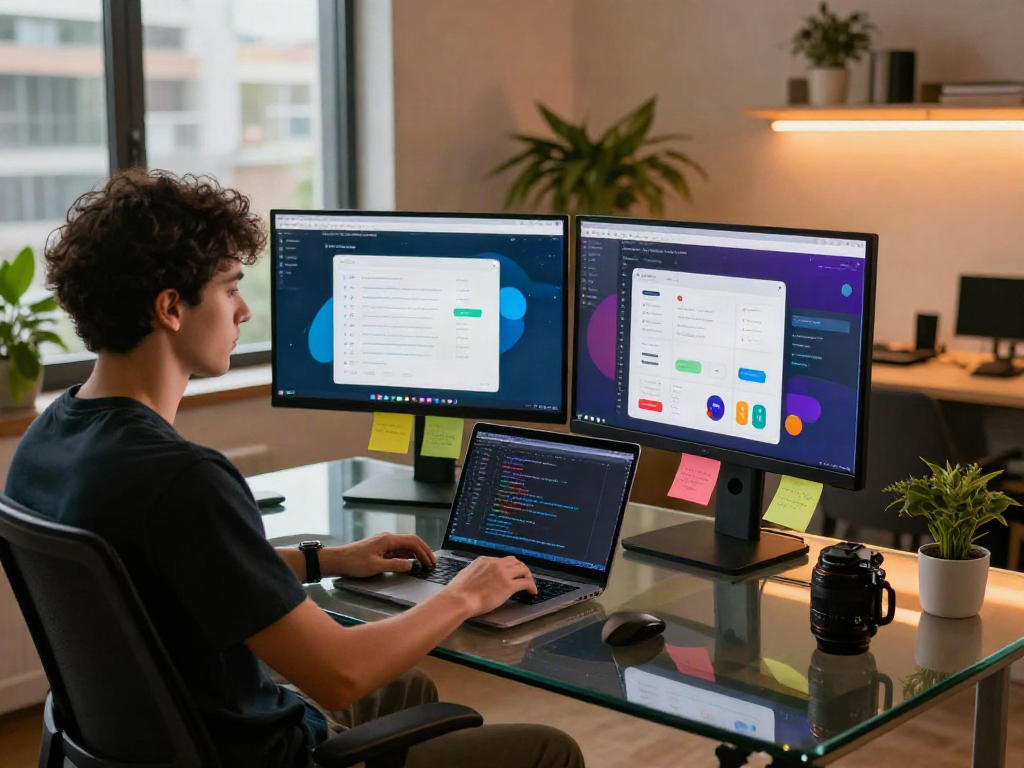 Workspace showing cocoflix app interface, developer coding at desk with dual monitors, modern tech atmosphere.