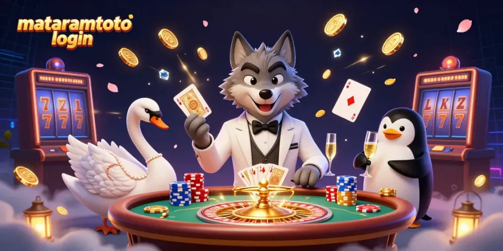 Engage with MATARAMTOTO login at a vibrant online casino scene filled with animated characters and game elements.