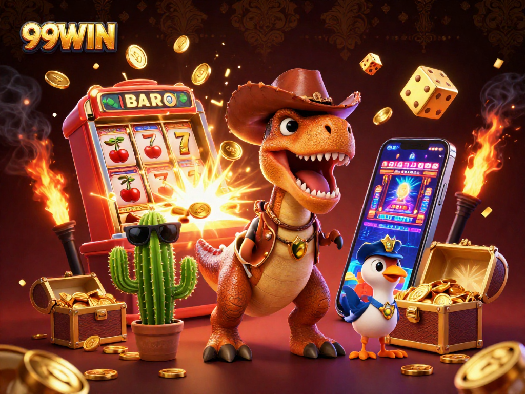 Win jackpots at 99WIN with this vibrant 3D illustration of fun casino characters.