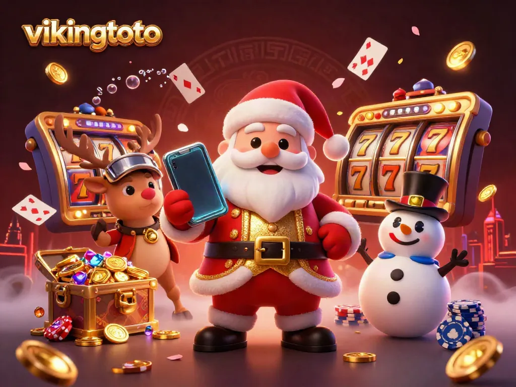 Join the fun with vikingtoto as Santa spins jackpot slots surrounded by festive casino elements.