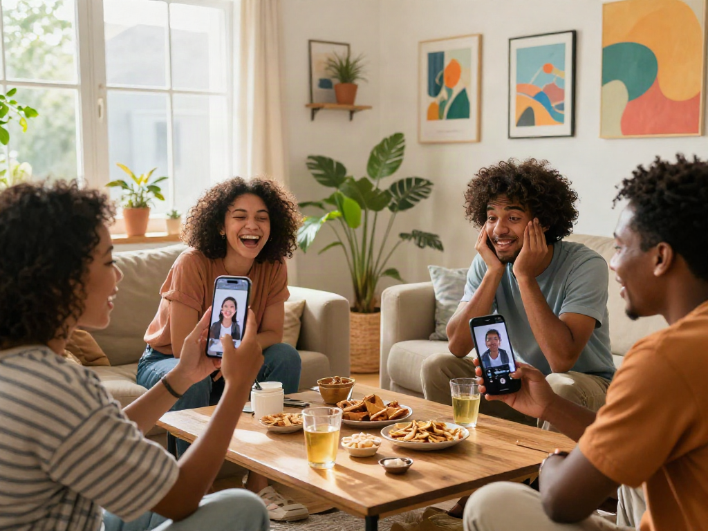 Diverse friends exploring how old do I look with an AI app on their smartphone in a lively, sunlit living room.