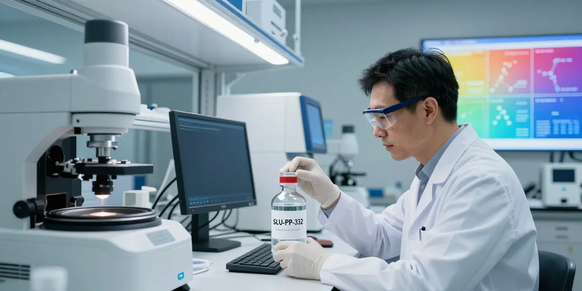 Scientist analyzing SLU-PP-332 peptide buy online in a modern laboratory.