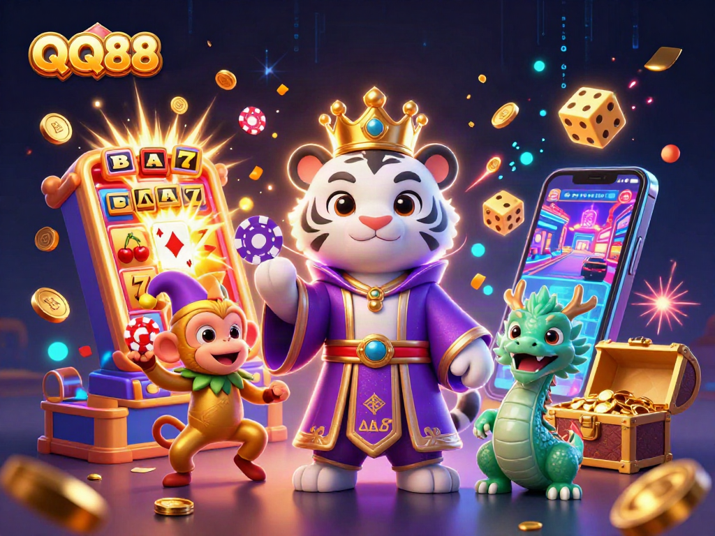 Experience exciting wins with QQ88 at the vibrant casino, featuring lively characters and jackpot elements.