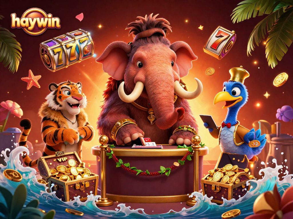 Experience the excitement of haywin with a dynamic casino scene featuring unique characters and vibrant game elements.