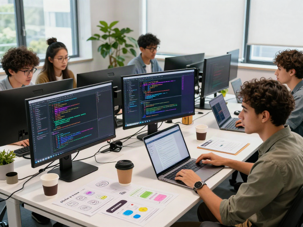 Developers using the pikashow app in a collaborative workspace, showcasing screens with vibrant coding and design.