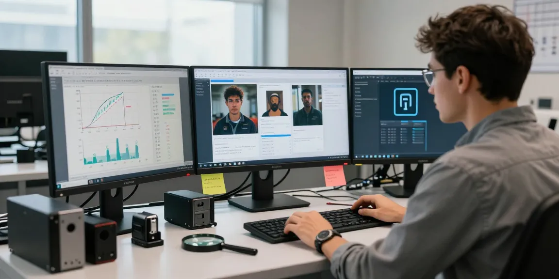 Forensic analyst examining AI-Generated Image Detection tools in a modern lab.