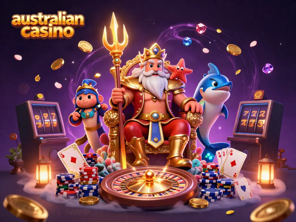 Experience the excitement of the australian casino world with this vibrant 3D illustration showcasing Neptune and dynamic gaming elements.