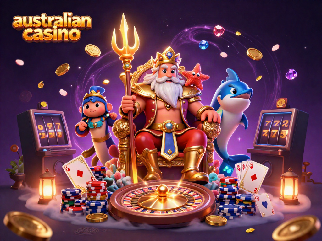 Experience the excitement of the australian casino world with this vibrant 3D illustration showcasing Neptune and dynamic gaming elements.