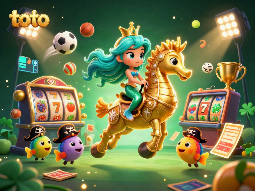 Engage with exciting toto slots in a vibrant scene filled with golden treasures and lively characters.