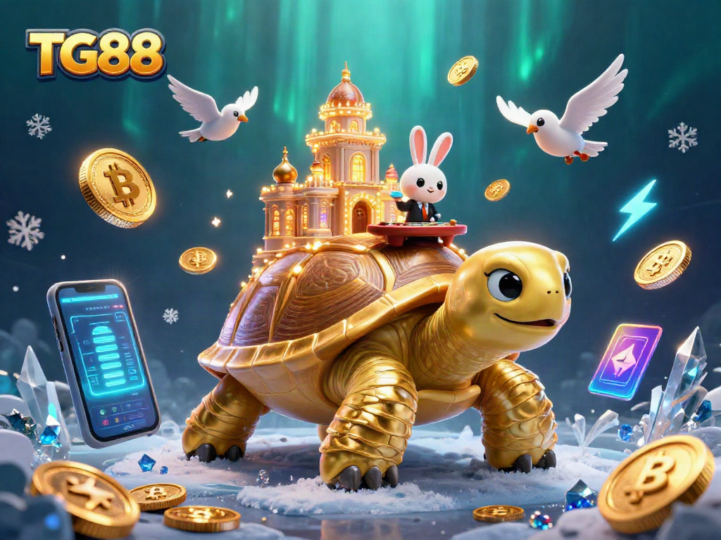 Engage in thrilling casino action at TG88 with a golden tortoise and rabbit dealer in a vibrant underwater scene.