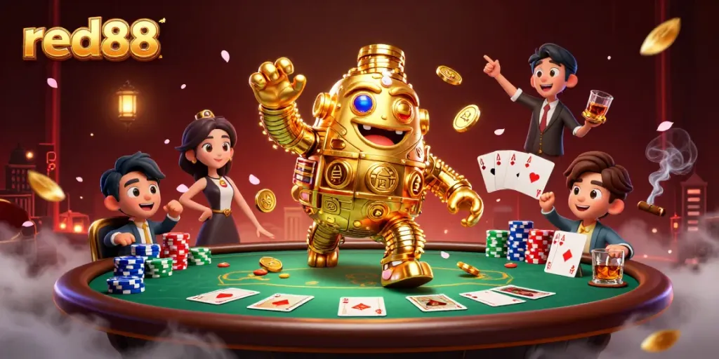 Engage with red88's thrilling 3D illustration showcasing a golden golem amidst exciting poker elements.