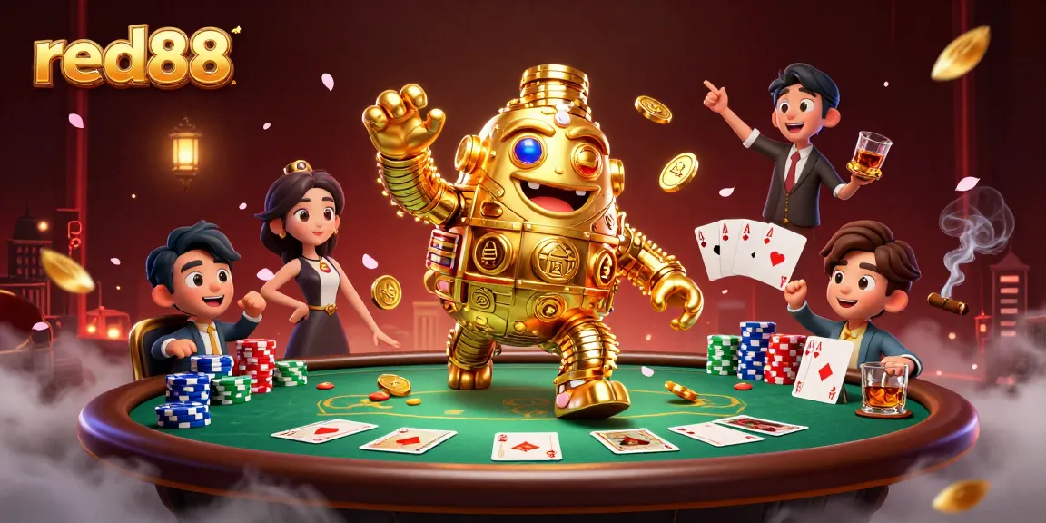 Engage with red88's thrilling 3D illustration showcasing a golden golem amidst exciting poker elements.