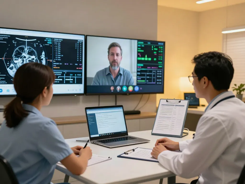 Virtual stroke care consultation via telehealth with neurologist and patient in a modern office environment.