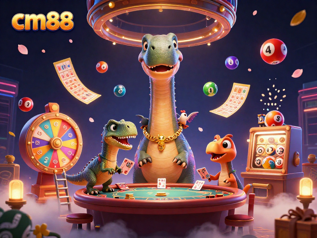 Engage in thrilling gaming at cm88 casino, where a whimsical brontosaurus towers over a poker table surrounded by excitement.