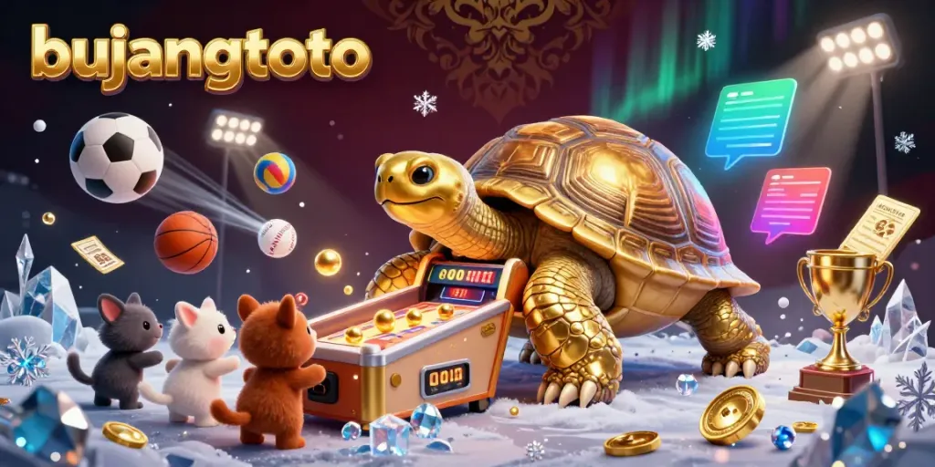 Bujangtoto experience filled with excitement as a golden tortoise pinball machine attracts players in a sports-themed scene.