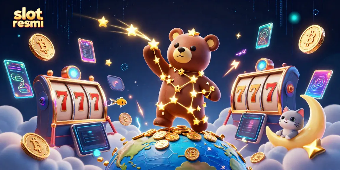Experience thrilling wins with 'slot resmi' featuring glimmering stars, slot reels, and crypto coins.